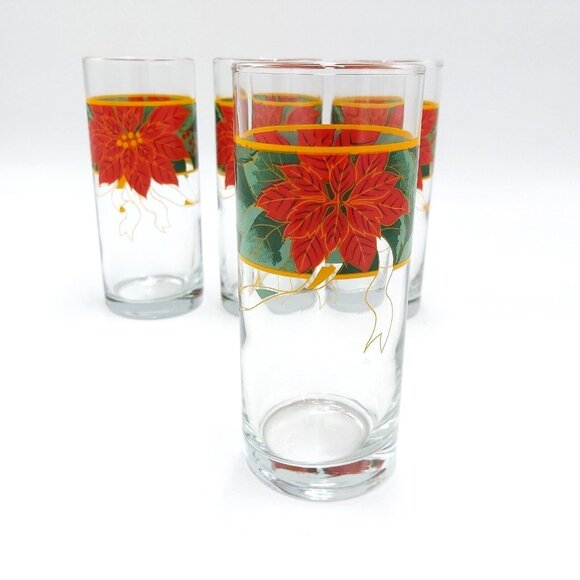 Christmas Tumblers Poinsettia Design - 12.5oz Glasses - Set of 4 - Vintage - Picture 3 of 5